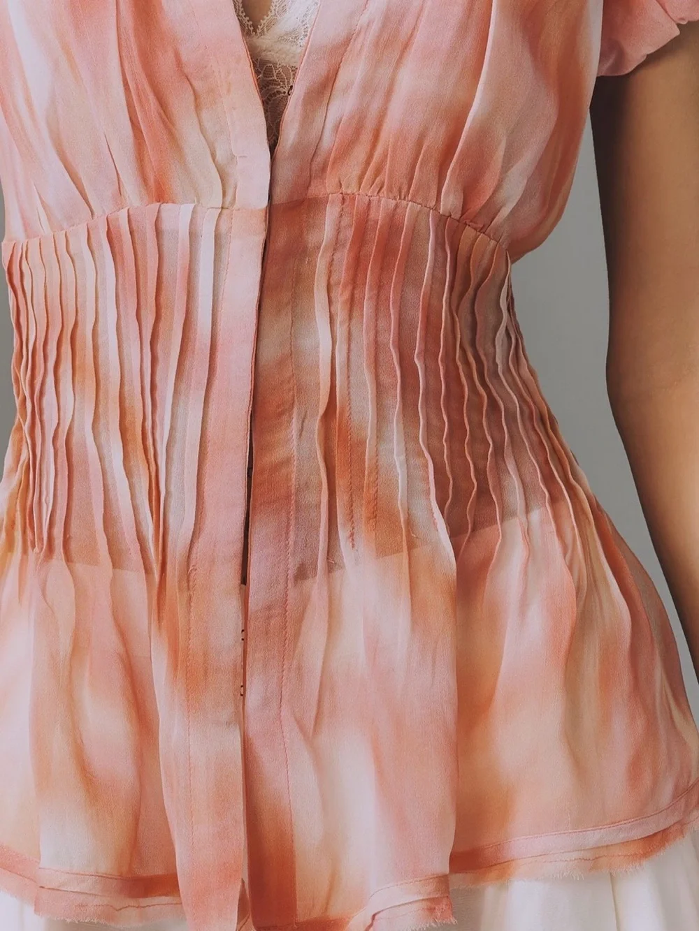 Anthropologie Peach Tie-Dye Ruffled Short-Sleeve Blouse